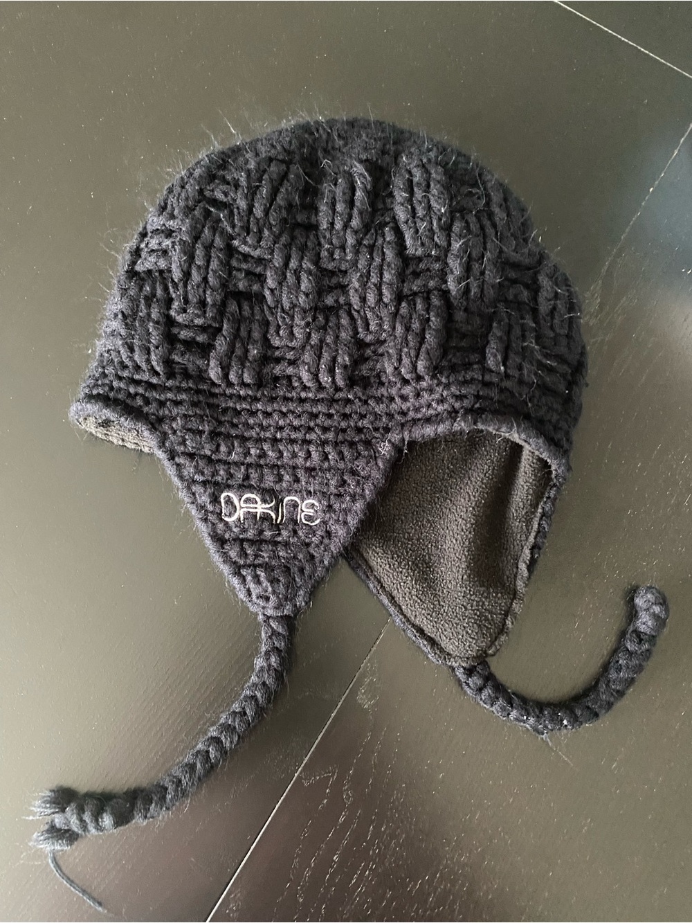 Adult Dakine Black Knit Earflap Beanie with Braided Ties